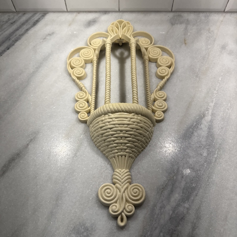 Vintage Burwood Products Cream Faux Rattan Wall Pocket Planter Plaque Decor MCM